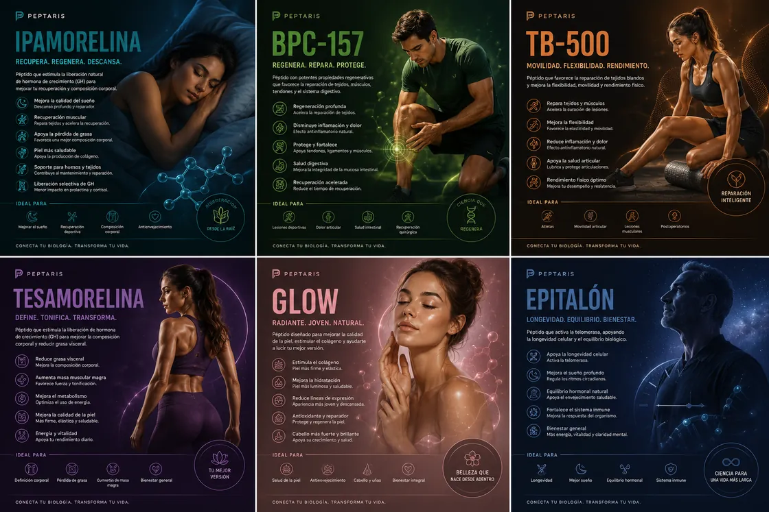 La gama Peptaris: Ipamorelina, BPC-157, TB-500, Tesamorelina, Glow y Epitalón